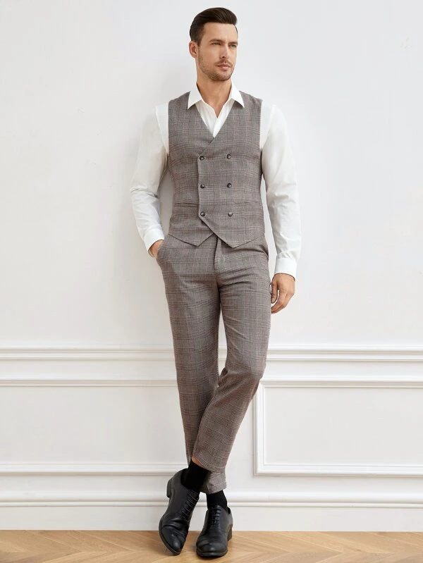 Manfinity Mode Men Cotton Plaid Double Breasted Vest Blazer & Suit