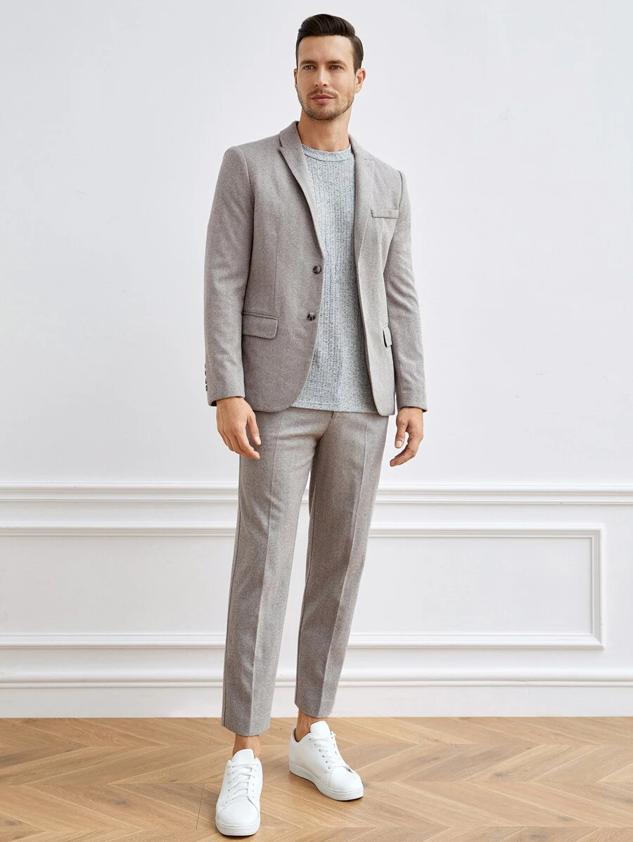 GENTILAND Men Single Breasted Blazer & Suit Trousers Set - Khaki - View 1