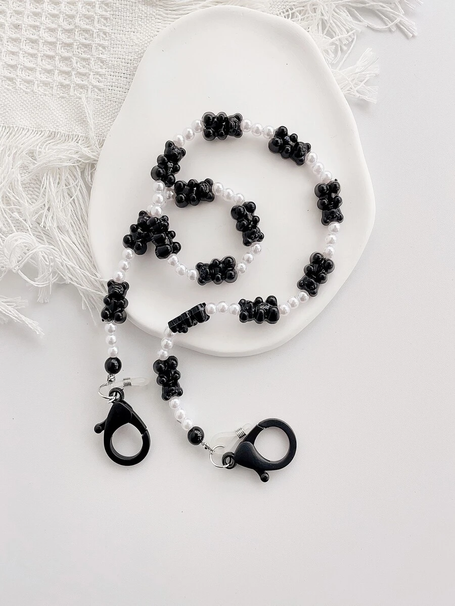 Cartoon Bear & Faux Pearl Decor Face Covering Chain - Black - View 1