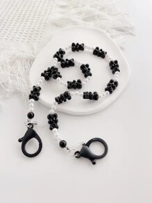 Cartoon Bear & Faux Pearl Decor Face Covering Chain - Black - View 2