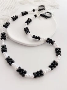 Cartoon Bear & Faux Pearl Decor Face Covering Chain - Black - View 3