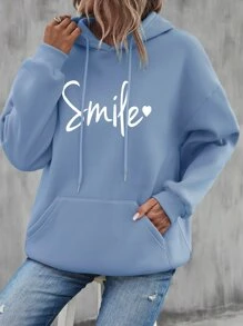 SHEIN Unity Heart & Letter Graphic Drawstring Hoodie - Blue - View 1