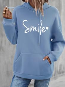 SHEIN Unity Heart & Letter Graphic Drawstring Hoodie - Blue - View 3