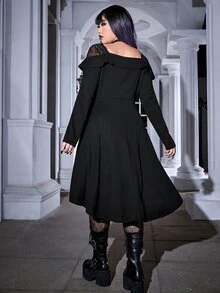 ROMWE PUNK Vestido ribete con fruncido de doble botonadura bajo irregular - Negro - Ver 2