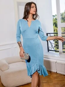 Notched Neckline Ruffle Trim Asymmetrical Hem Bodycon Dress - Baby Blue - View 4