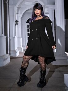 ROMWE PUNK Vestido ribete con fruncido de doble botonadura bajo irregular - Negro - Ver 5