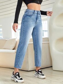 Raw Hem Mom Fit Jeans - Light Wash - View 1