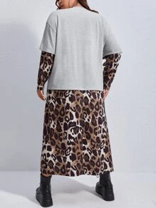 ROMWE PUNK Vestido 2 en 1 figura & con estampado de leopardo de hombros caídos - Multicolor - Ver 2