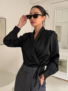 DAZY 披肩领结侧裹式衬衫长袖上衣 - 黑色 - 查看 1