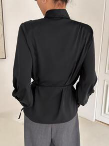 DAZY 披肩领结侧裹式衬衫长袖上衣 - 黑色 - 查看 2
