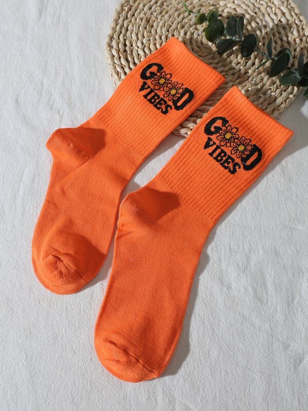Floral & Letter Graphic Crew Socks SHEIN USA