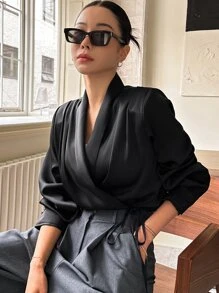 DAZY 披肩领结侧裹式衬衫长袖上衣 - 黑色 - 查看 4