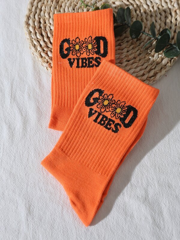 Floral & Letter Graphic Crew Socks SHEIN USA