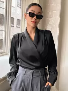 DAZY 披肩领结侧裹式衬衫长袖上衣 - 黑色 - 查看 6