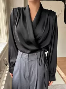 DAZY 披肩领结侧裹式衬衫长袖上衣 - 黑色 - 查看 8