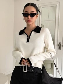 DAZY Contrast Collar Zip Detail Jumper - White - View 1