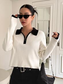 DAZY Contrast Collar Zip Detail Jumper - White - View 6