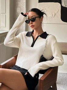 DAZY Contrast Collar Zip Detail Jumper - White - View 8