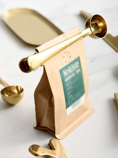 Cuillère à café en acier inoxydable 2 en 1, clip d'étanchéité ; Accessoire de cuisine en or, décoration de café expresso