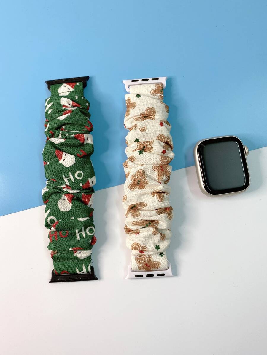 2pcs Christmas Santa Claus & Letter Graphic Scrunchie Design Watchband Compatible With Apple Watch - Multicolor - View 1