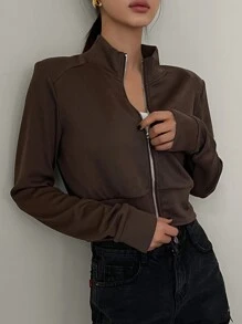 DAZY 1pc Solid Stand Collar Zip Up Sweatshirt - Coffee Brown - View 4
