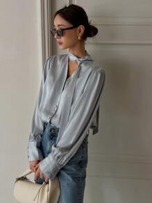DAZY Tie Neckline Puff Sleeve Shirt - Blue - View 1