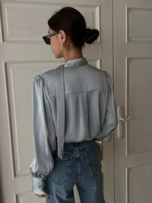 DAZY Tie Neckline Puff Sleeve Shirt - Blue - View 2