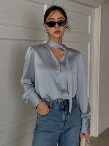 DAZY Tie Neckline Puff Sleeve Shirt - Blue - View 3