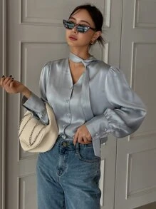 DAZY Tie Neckline Puff Sleeve Shirt - Blue - View 4