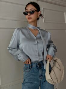 DAZY Tie Neckline Puff Sleeve Shirt - Blue - View 6