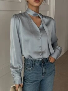 DAZY Tie Neckline Puff Sleeve Shirt - Blue - View 7