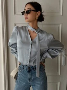 DAZY Tie Neckline Puff Sleeve Shirt - Blue - View 8