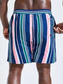 Manfinity Hombres Shorts de natación con estampado de rayas de cintura con cordón