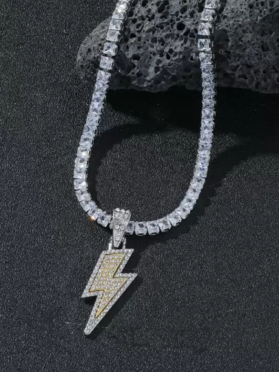 1 件男士闪亮钻石闪电项链 - 奢华闪电吊坠项链，男女通用简约项链，时尚珠宝，炫酷设计，经典配饰，新年理想礼物，2025 新年项链