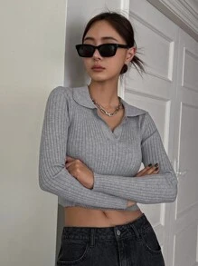 DAZY Jersey crop tejido de canalé - Gris - Ver 1