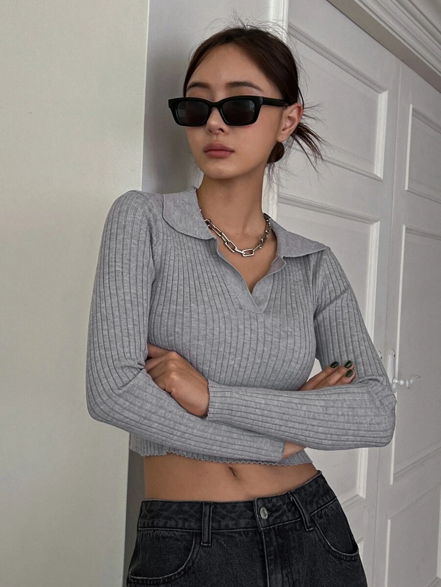 DAZY Jersey crop tejido de canalé - Gris - Ver 1