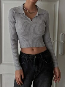 DAZY Jersey crop tejido de canalé - Gris - Ver 4