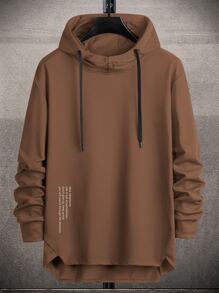 Manfinity Homme Men Slogan Graphic Asymmetrical Hem Drawstring Hoodie - Coffee Brown - View 1