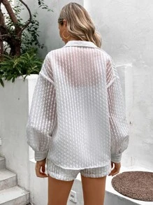 SHEIN Essnce 圓點落肩袖襯衫和斜口袋短褲 - 白色 - 查看 3