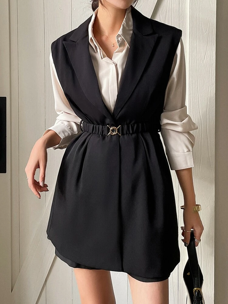 Business Casual Solid Color Sleeveless Fitted Blazer,Fall Clothes,Back To School Clothes