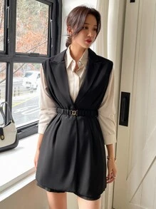 DAZY 商務休閒純色無袖修身西裝外套，秋季服飾，返校女裝西式穿搭 - 黑色 - 查看 3