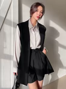 DAZY 商務休閒純色無袖修身西裝外套，秋季服飾，返校女裝西式穿搭 - 黑色 - 查看 4