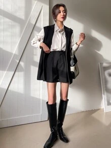DAZY 商務休閒純色無袖修身西裝外套，秋季服飾，返校女裝西式穿搭 - 黑色 - 查看 5