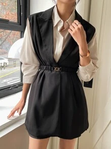 DAZY 商務休閒純色無袖修身西裝外套，秋季服飾，返校女裝西式穿搭 - 黑色 - 查看 7