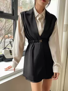 DAZY 商務休閒純色無袖修身西裝外套，秋季服飾，返校女裝西式穿搭 - 黑色 - 查看 9