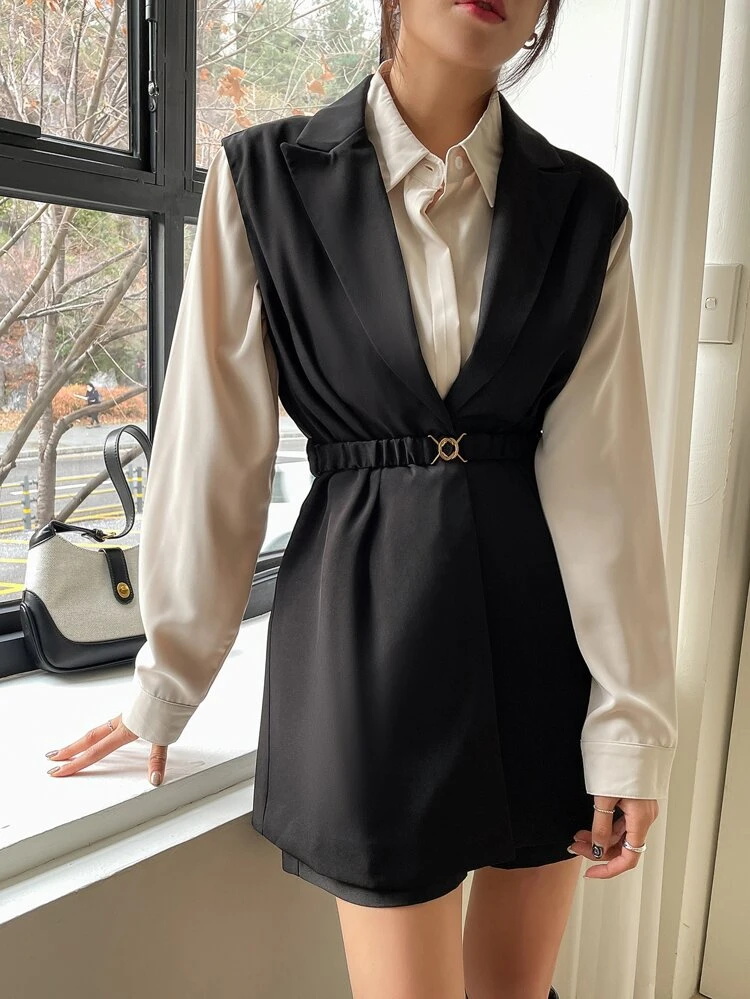 Business Casual Solid Color Sleeveless Fitted Blazer,Fall Clothes,Back To School Clothes