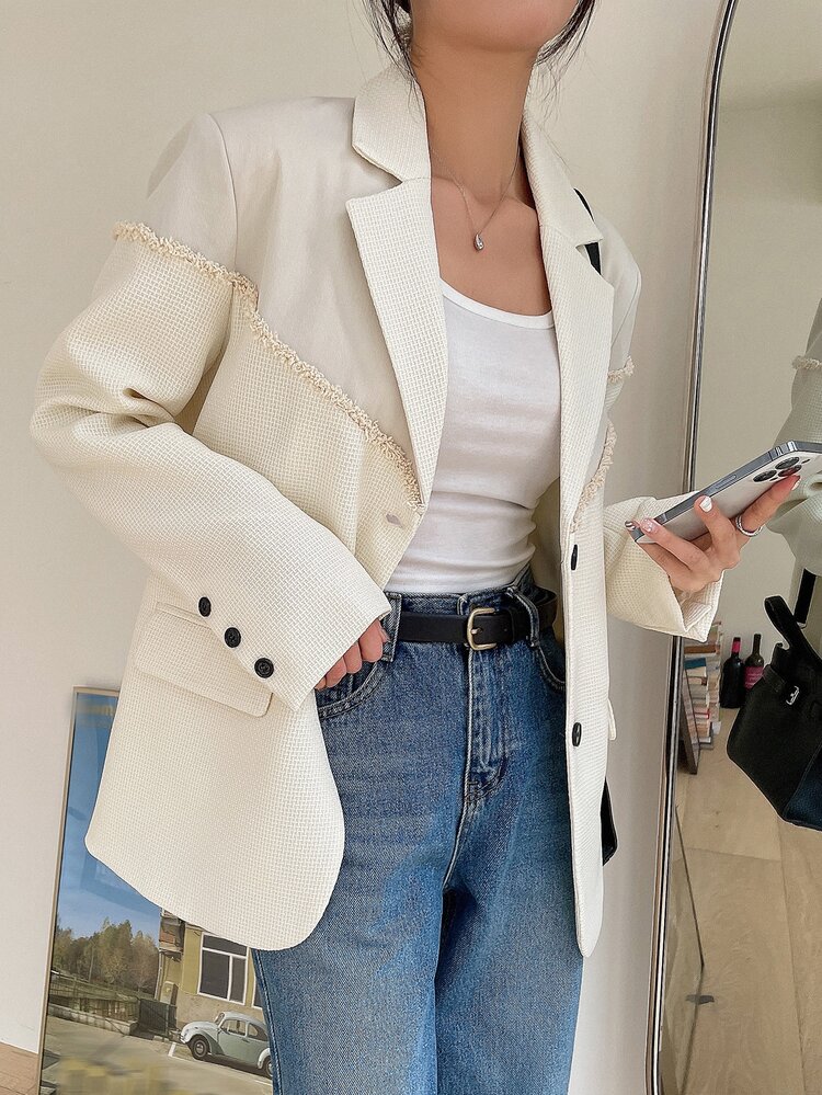 Ladies Fall Lapel Neck Long Sleeve Patchwork Fringe Trim Business Casual Blazer