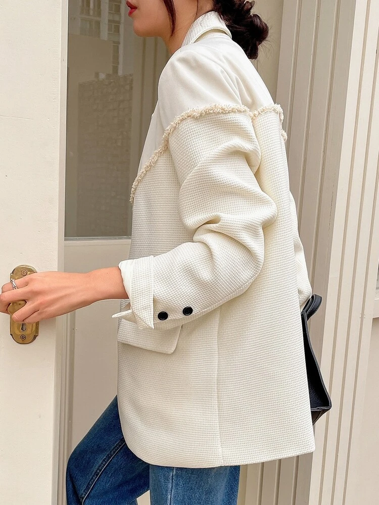 Ladies Fall Lapel Neck Long Sleeve Patchwork Fringe Trim Business Casual Blazer