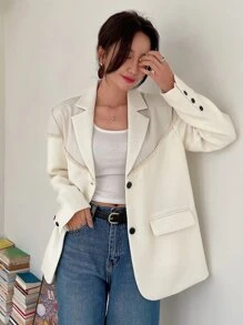 DAZY Ladies Fall Lapel Neck Long Sleeve Patchwork Fringe Trim Business Casual Blazer