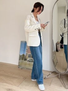 DAZY Ladies Fall Lapel Neck Long Sleeve Patchwork Fringe Trim Business Casual Blazer